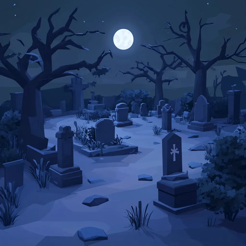 Low poly isometric view of a gothic cemetery scene under the moon