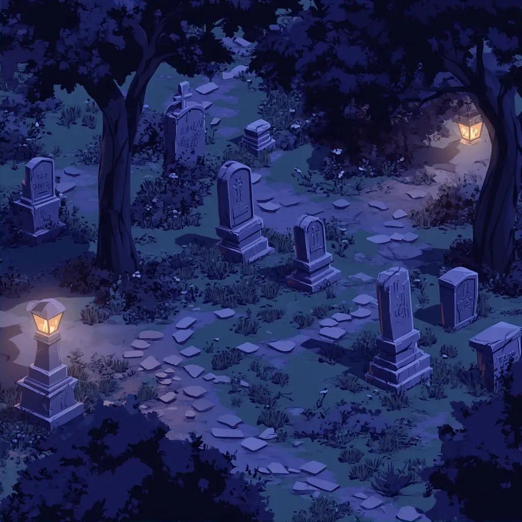 Low poly isometric view of a gothic cemetery scene under the moon