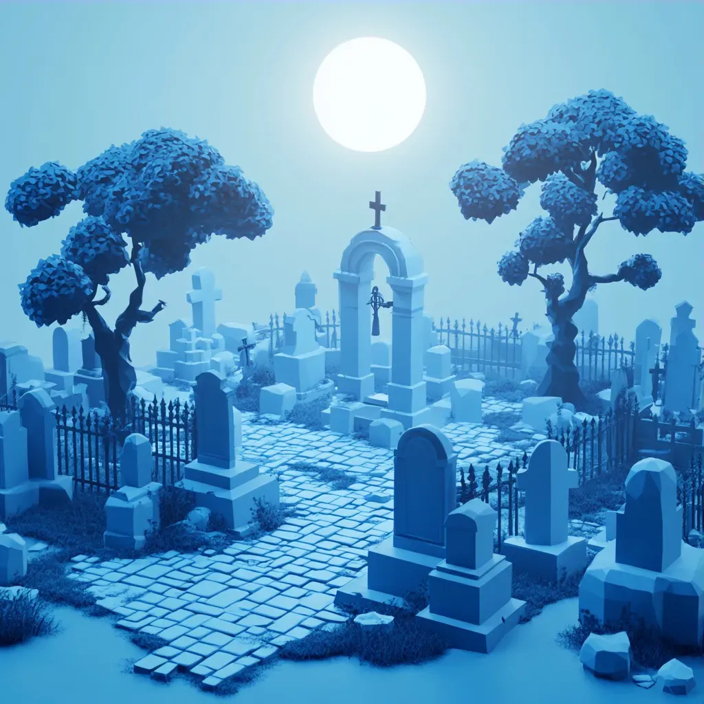 Low poly isometric view of a gothic cemetery scene under the moon