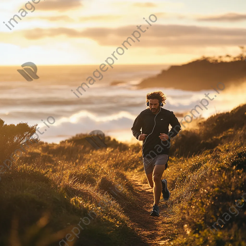 Runner sprinting on a coastal trail at golden hour - Image 1