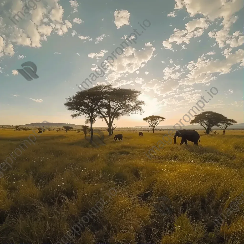 Expansive savanna with grazing elephants and acacia trees - Image 1