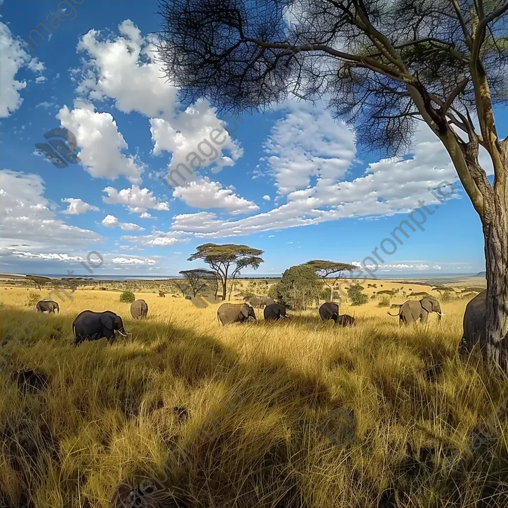 Expansive savanna with grazing elephants and acacia trees - Image 4