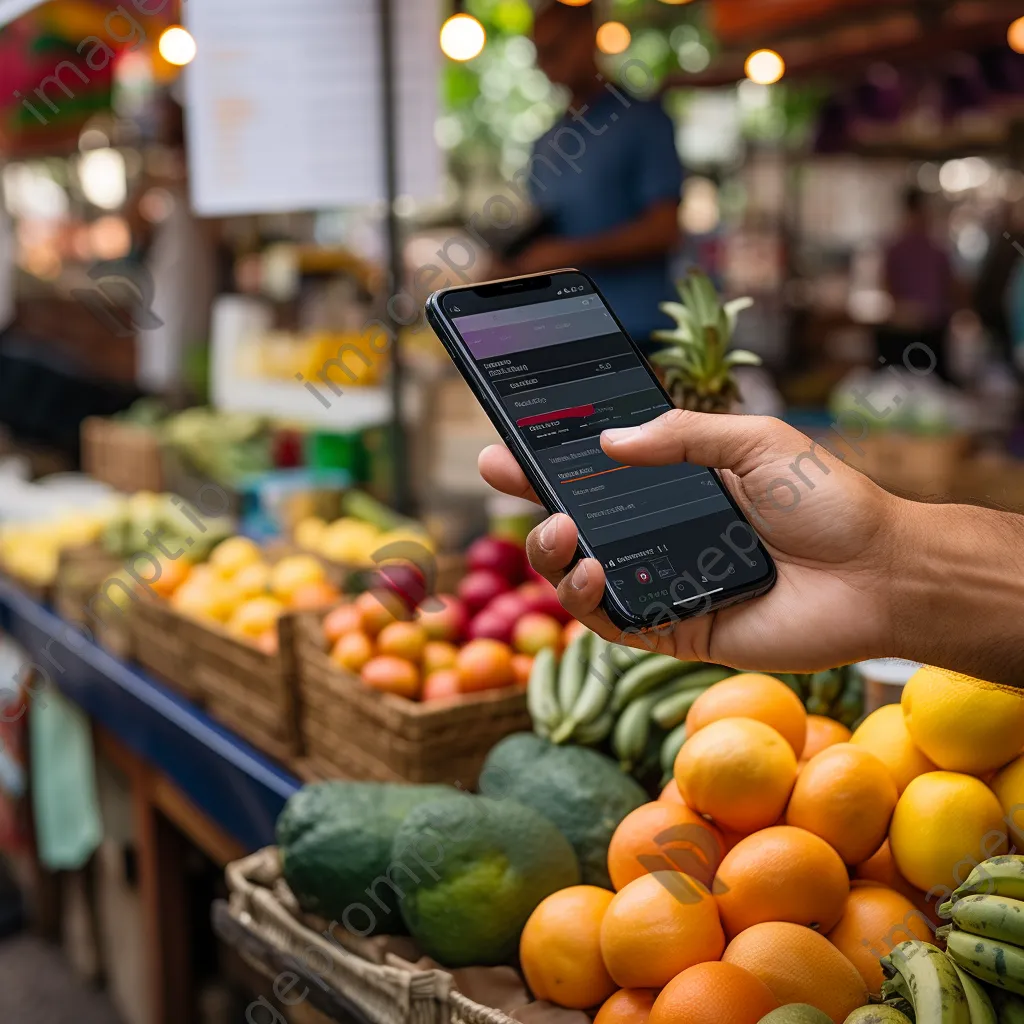 Hand using smartphone for cryptocurrency payment at a market - Image 1