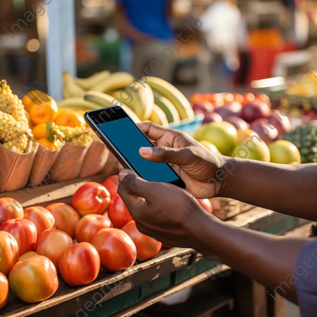 Hand using smartphone for cryptocurrency payment at a market - Image 2