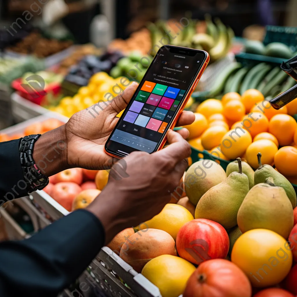 Hand using smartphone for cryptocurrency payment at a market - Image 3