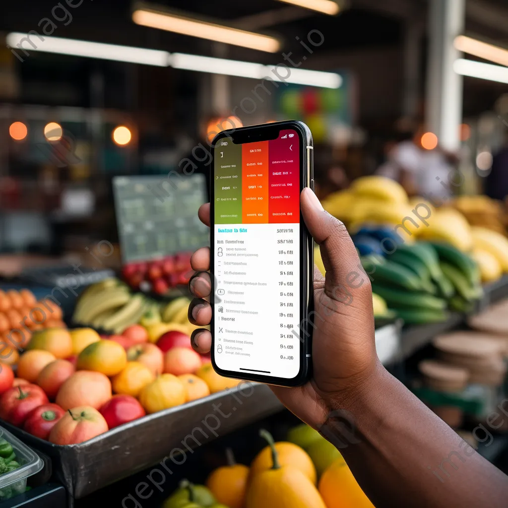 Hand using smartphone for cryptocurrency payment at a market - Image 4