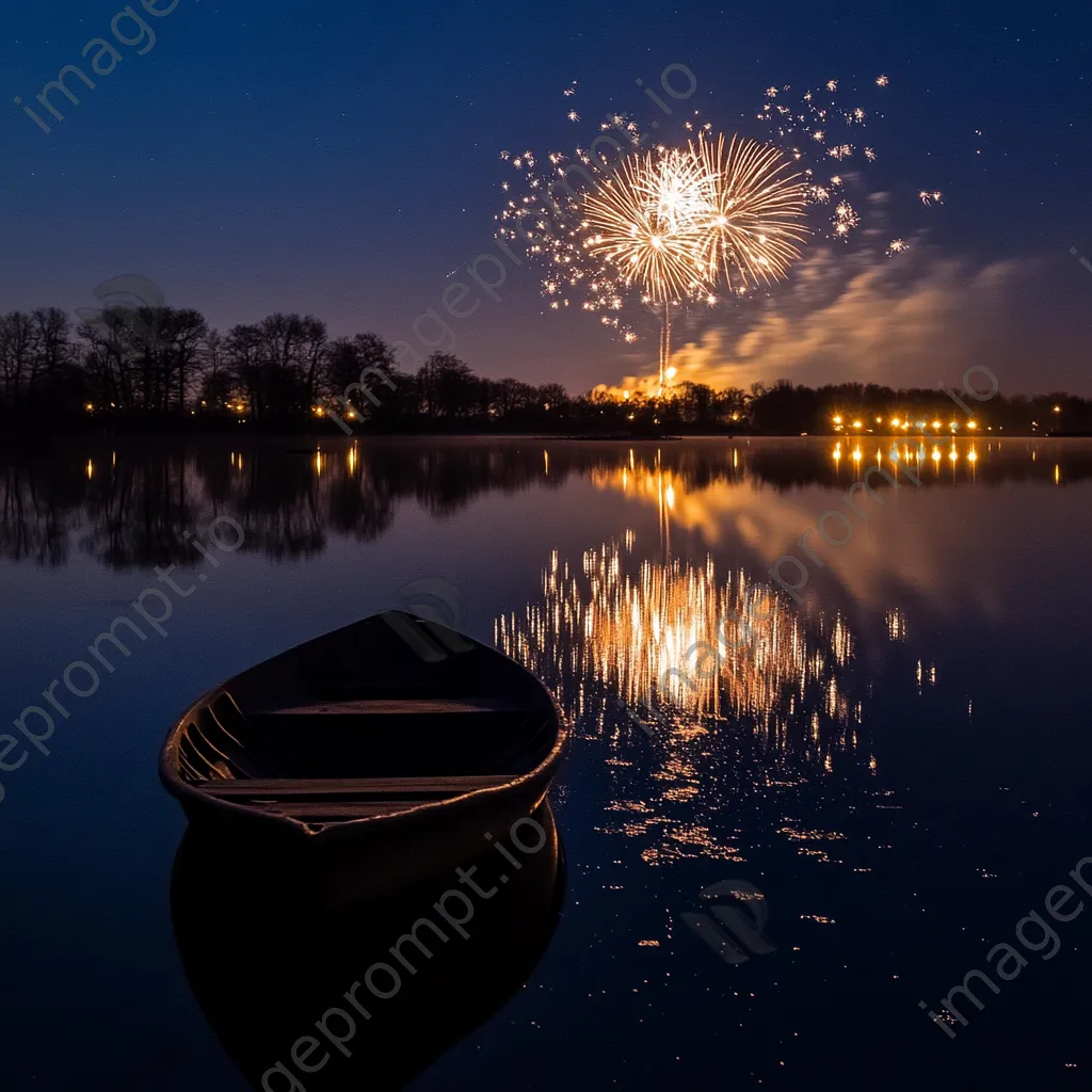 Colorful fireworks beautifully reflected on a calm lake surface on New Year