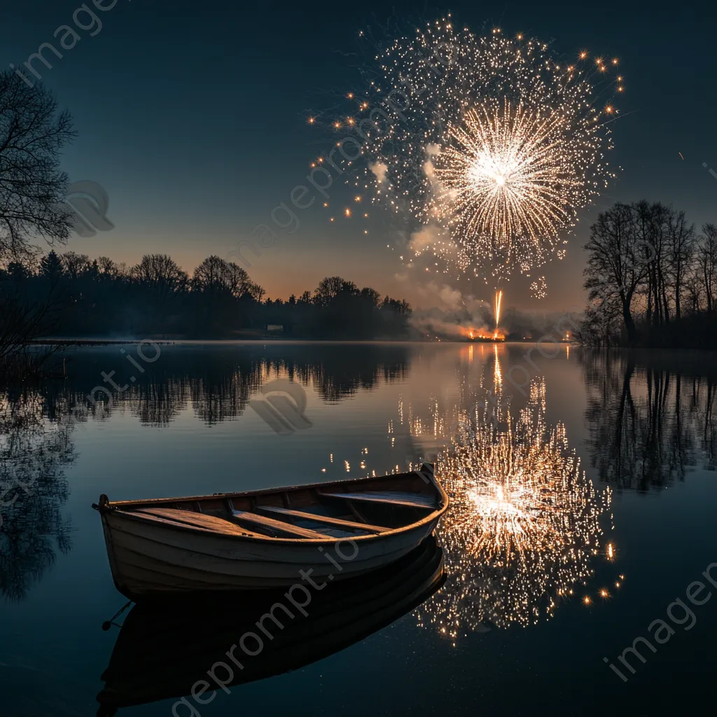 Colorful fireworks beautifully reflected on a calm lake surface on New Year