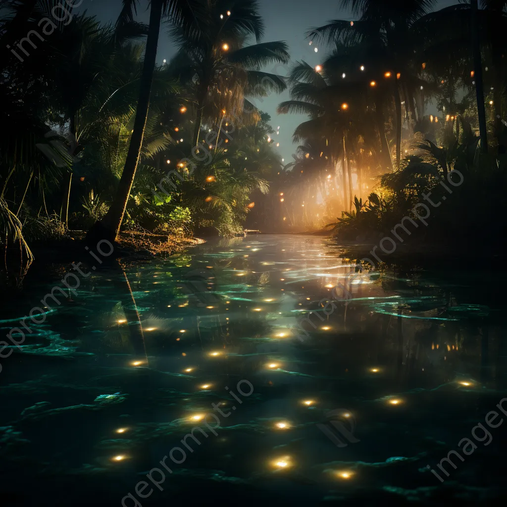 Oasis at sunset with fireflies above the water - Image 1