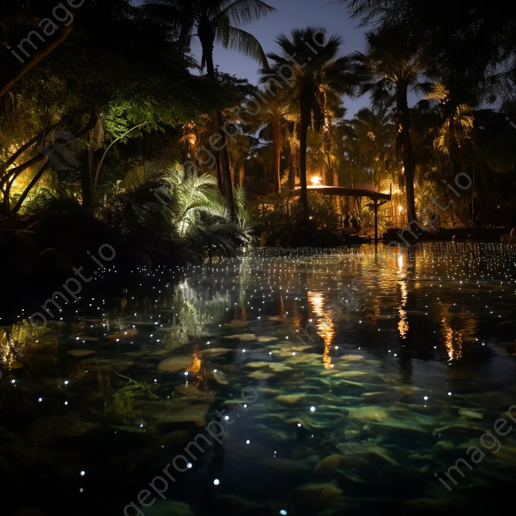 Oasis at sunset with fireflies above the water - Image 2