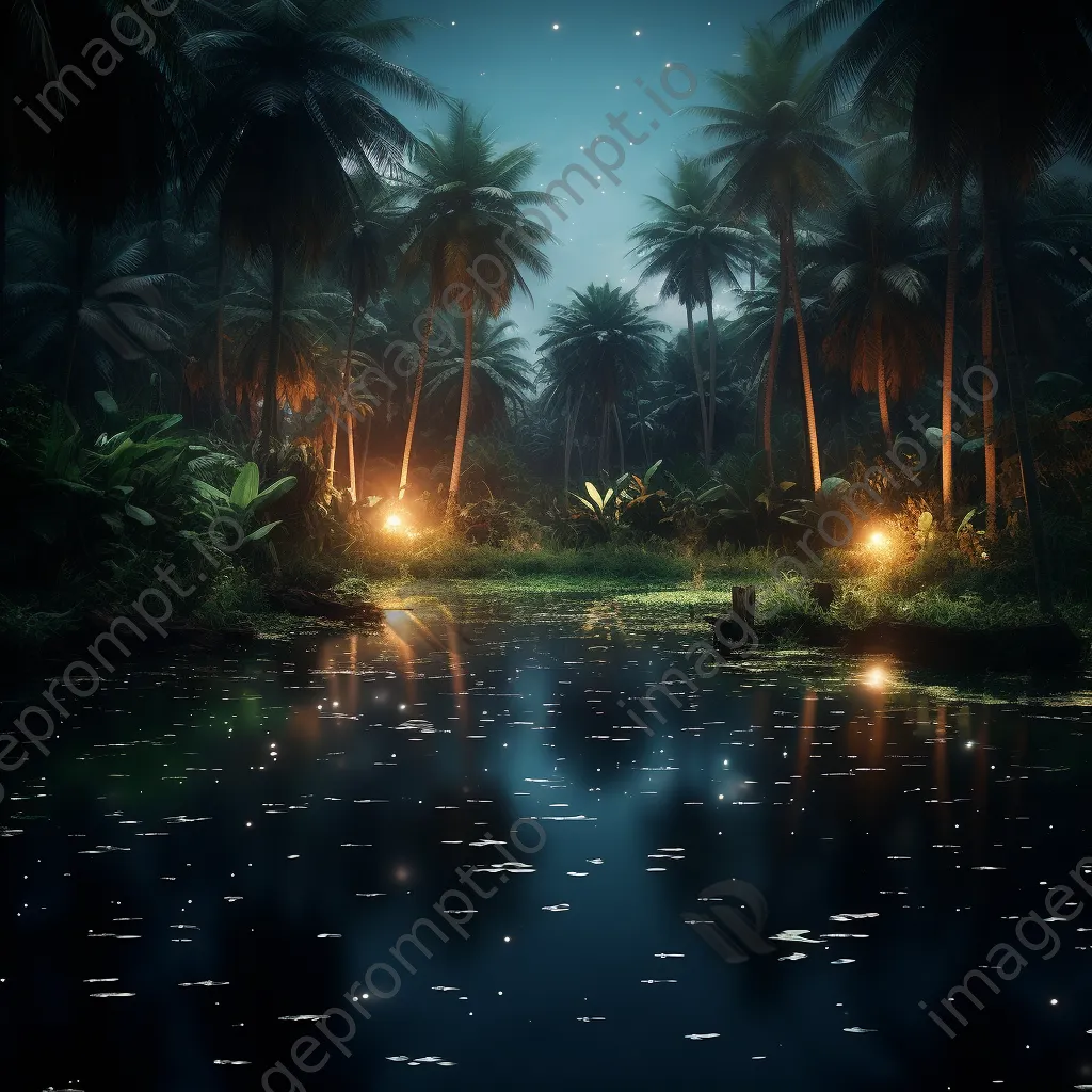 Oasis at sunset with fireflies above the water - Image 3