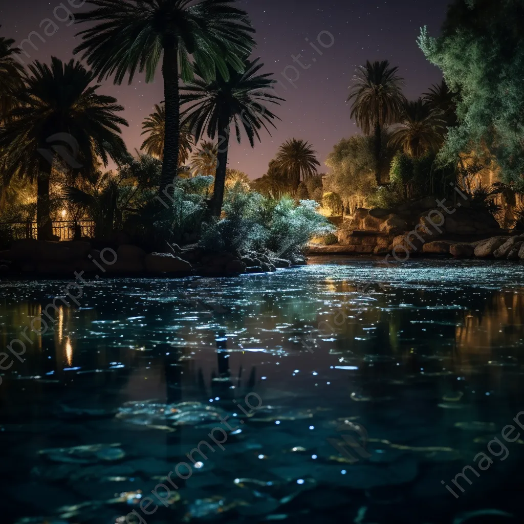 Oasis at sunset with fireflies above the water - Image 4