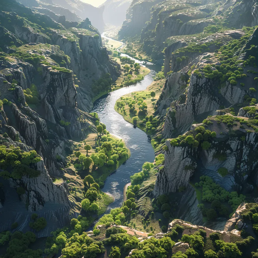 Aerial view of a river canyon with steep cliffs and lush greenery - Image 1