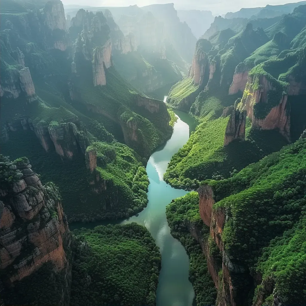 Aerial view of a river canyon with steep cliffs and lush greenery - Image 2