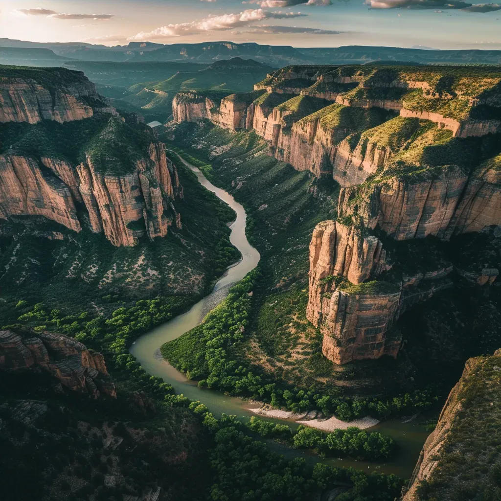 Aerial view of a river canyon with steep cliffs and lush greenery - Image 4