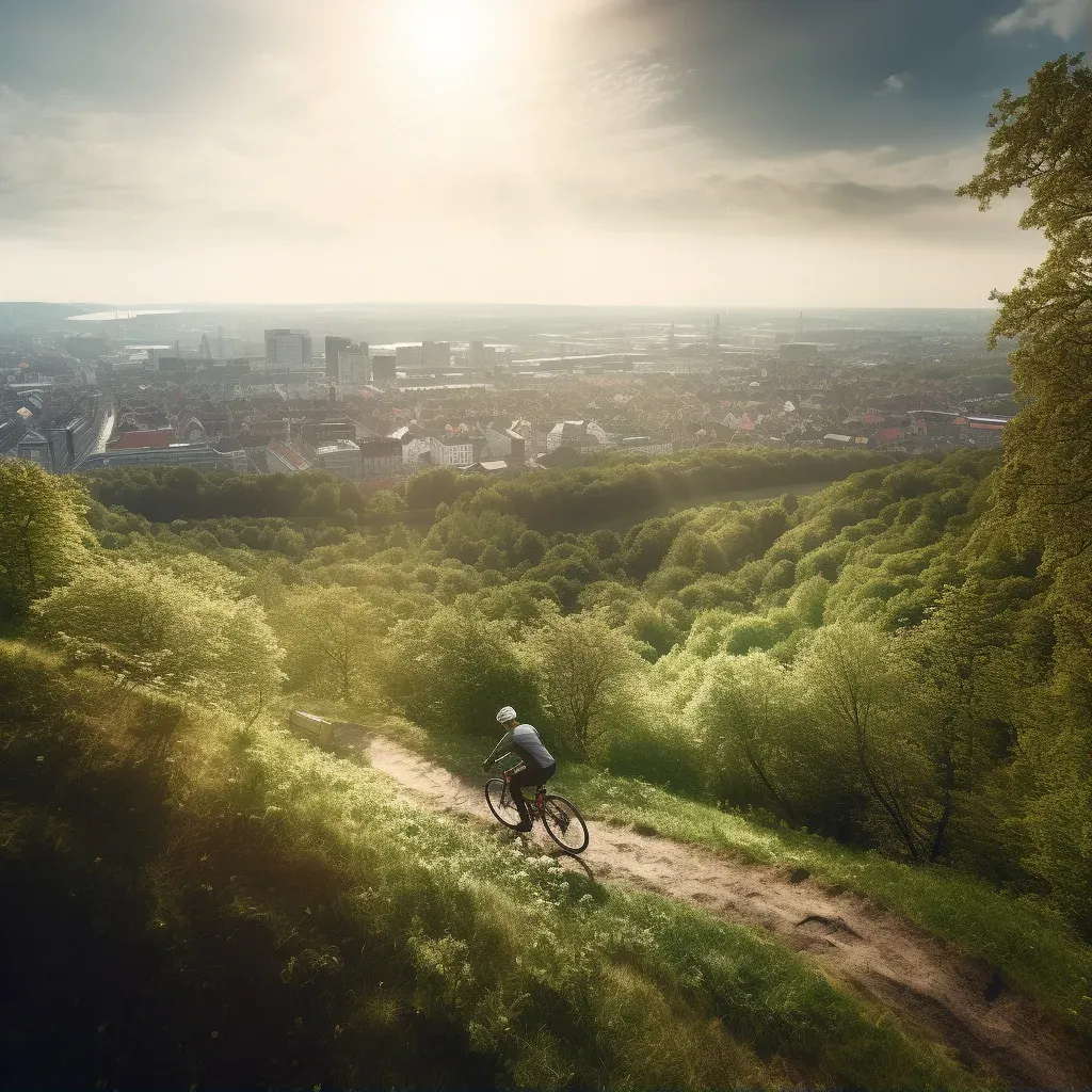 Cyclist riding on hill with city view and solar panels - Image 1