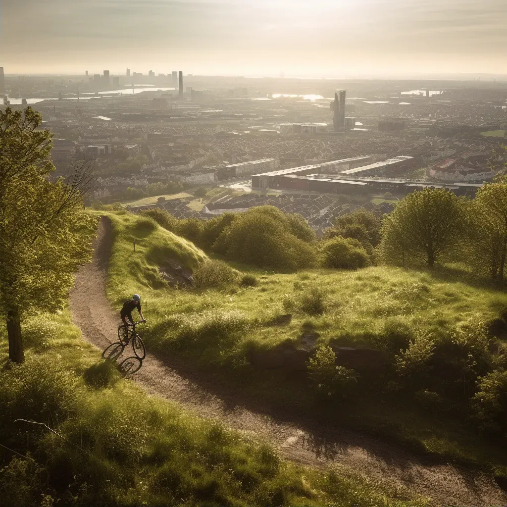 Cyclist riding on hill with city view and solar panels - Image 2