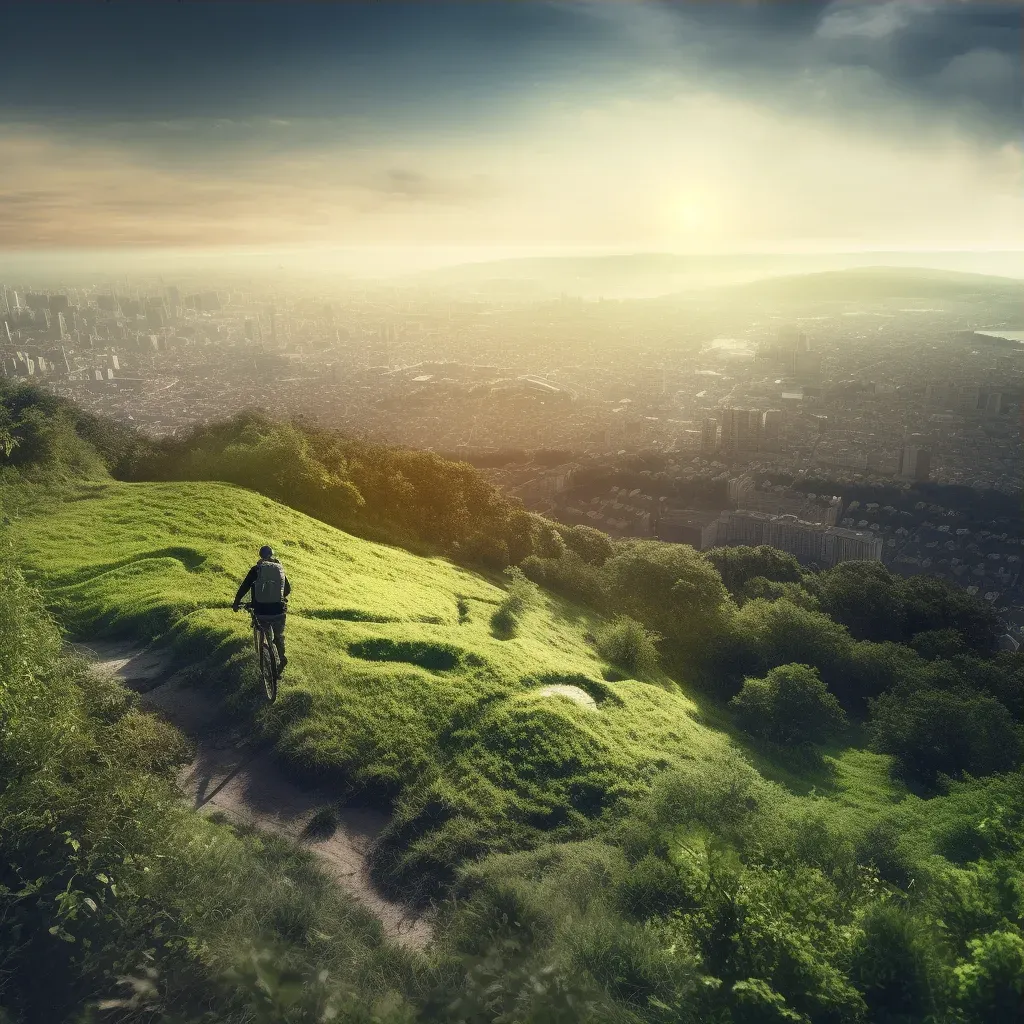 Cyclist riding on hill with city view and solar panels - Image 3