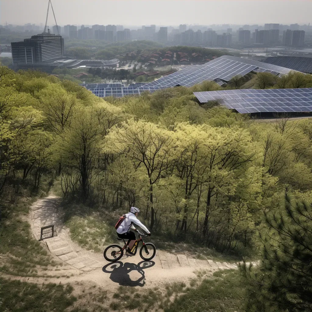 Cyclist riding on hill with city view and solar panels - Image 4