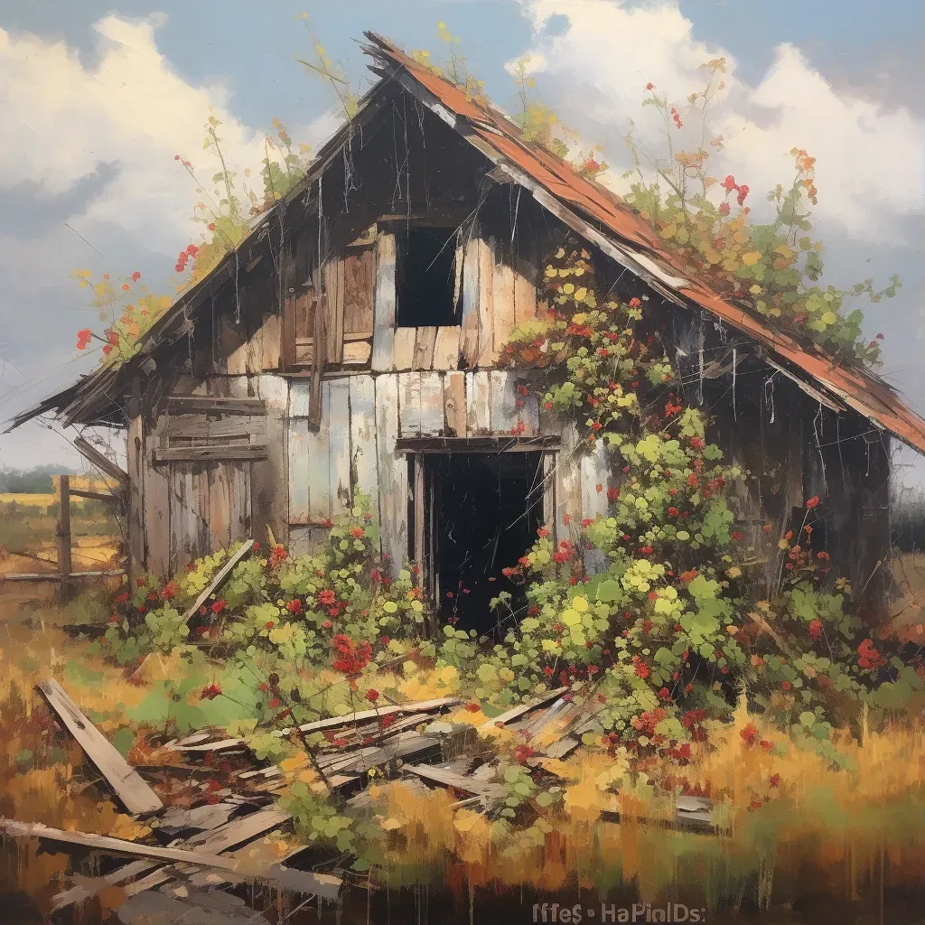 Picture of a dilapidated barn with vines and flowers reclaiming it - Image 1