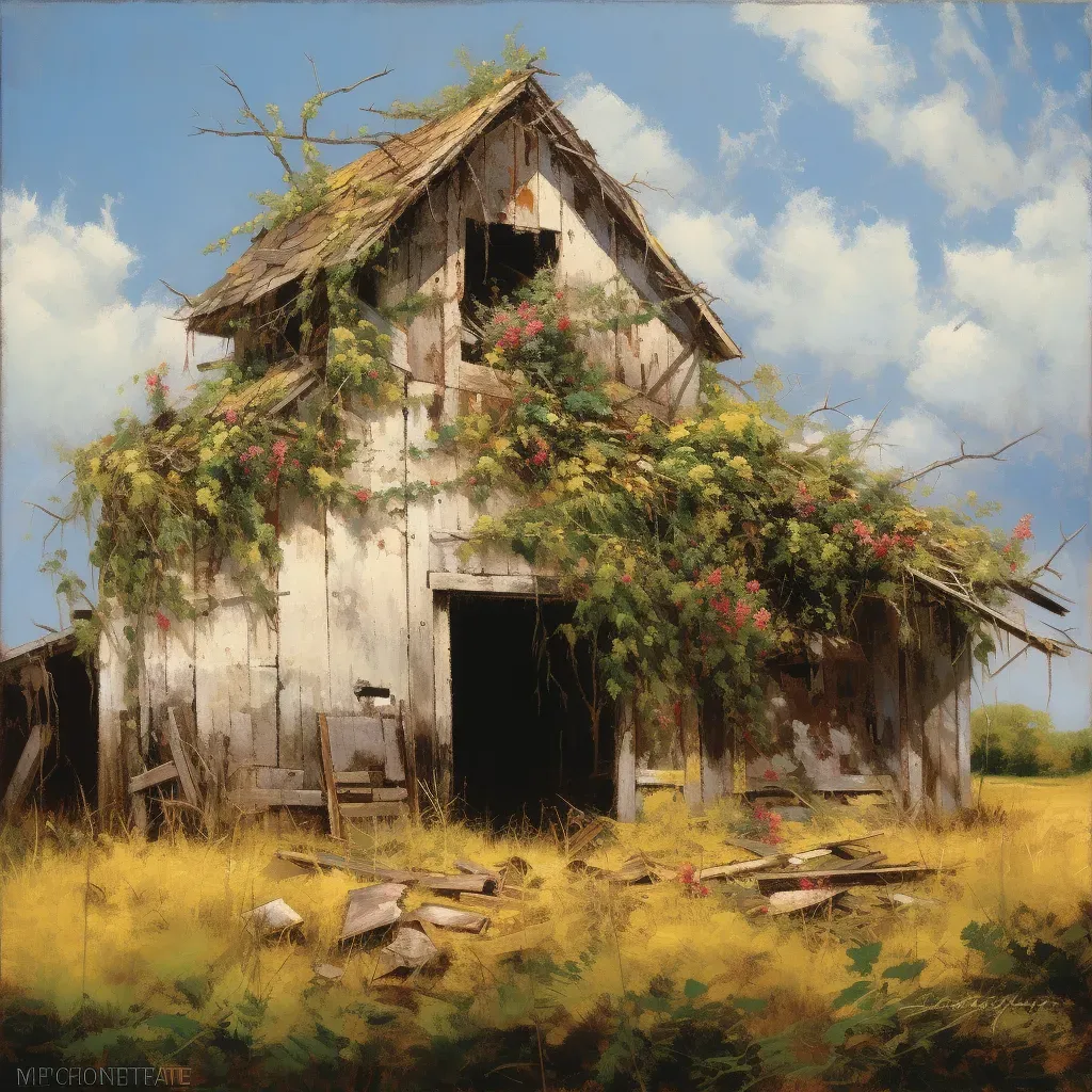 Picture of a dilapidated barn with vines and flowers reclaiming it - Image 3