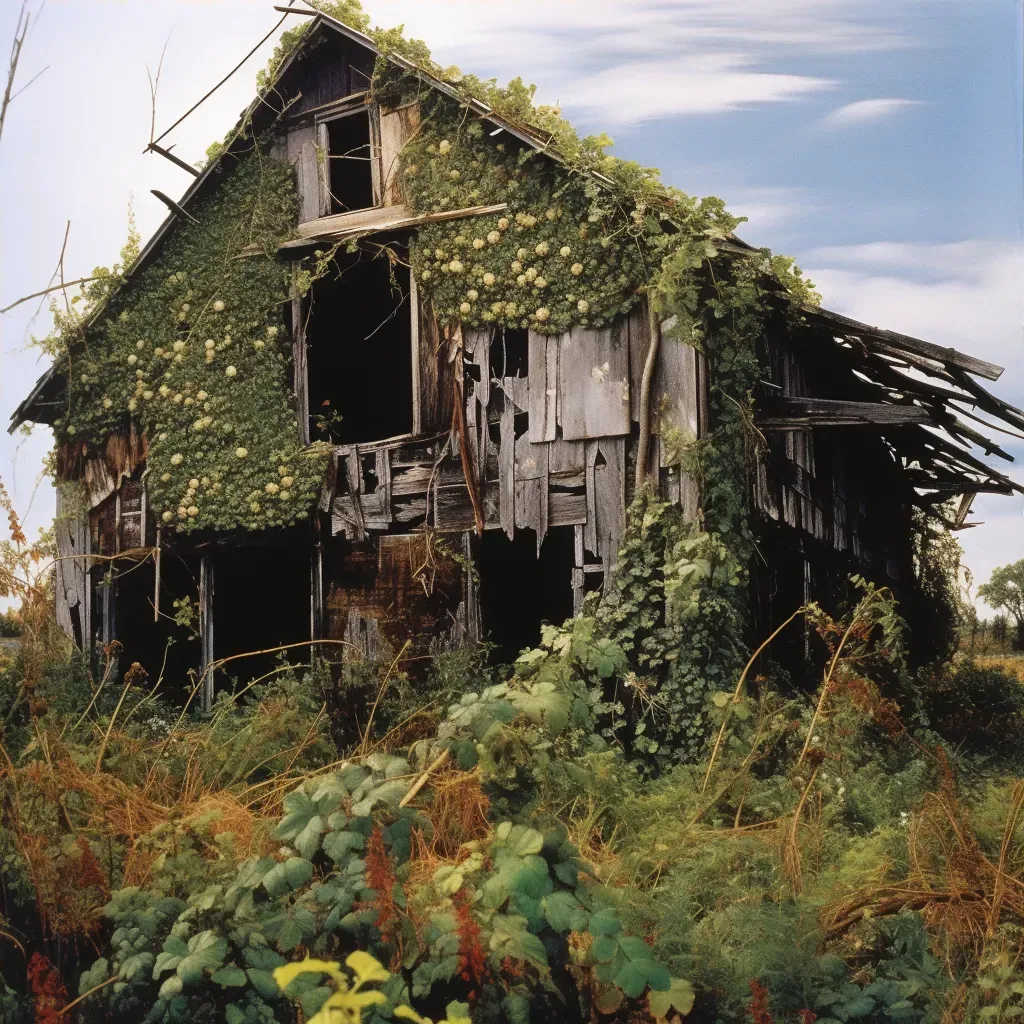 Picture of a dilapidated barn with vines and flowers reclaiming it - Image 4