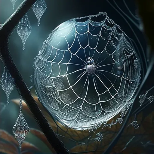 Spider webs coated in morning dew droplets, showcasing nature