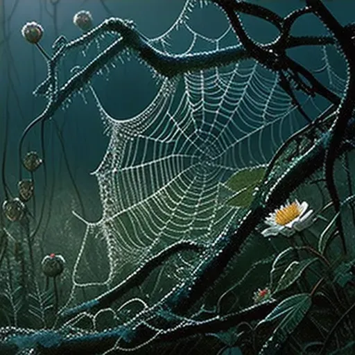 Spider webs coated in morning dew droplets, showcasing nature