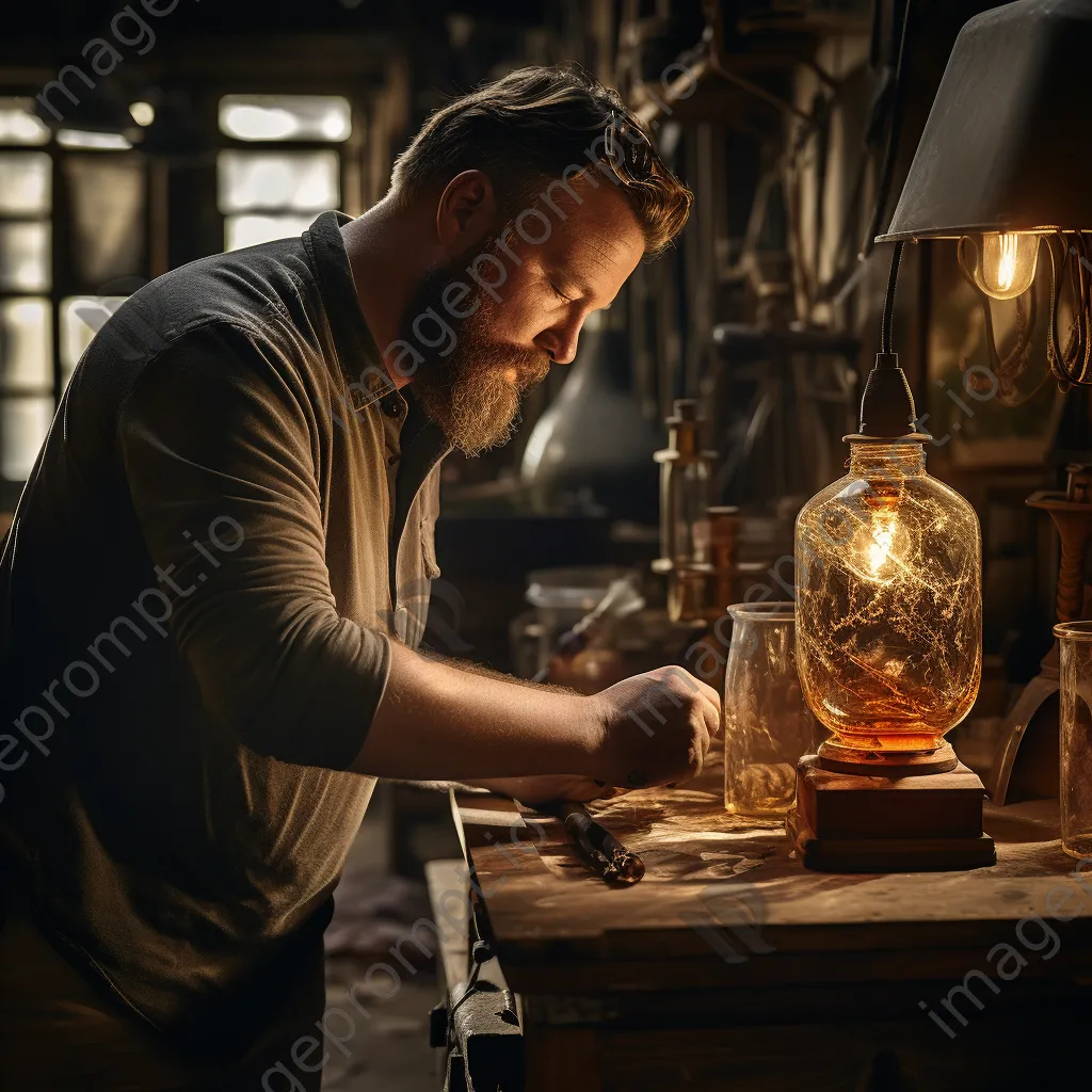 Artisan polishing a finished glass art piece in a workshop - Image 1