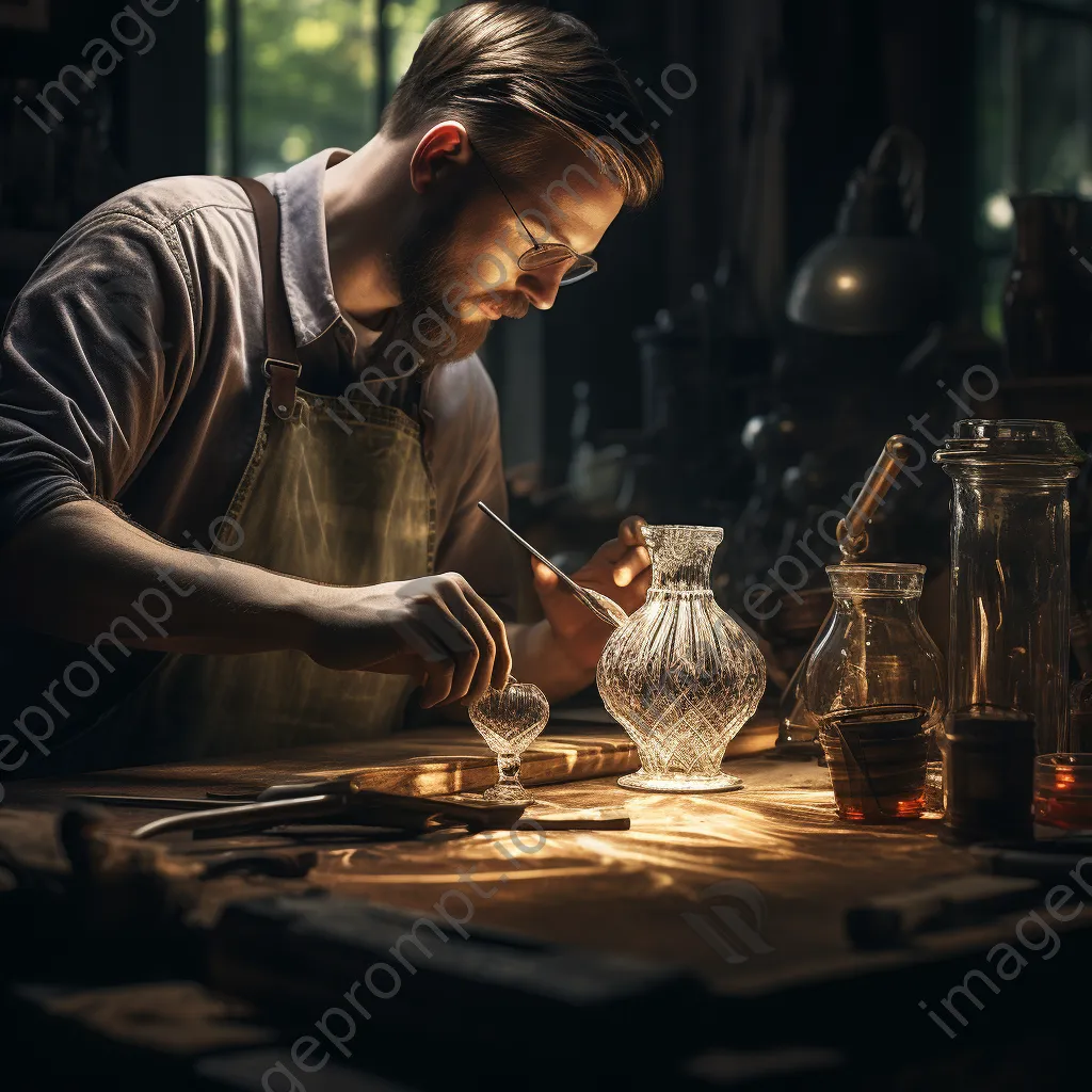 Artisan polishing a finished glass art piece in a workshop - Image 2