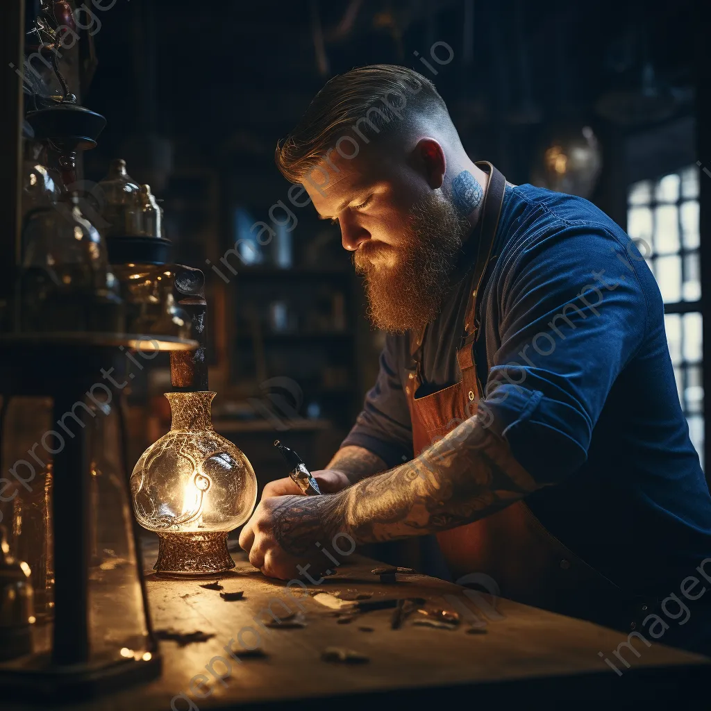 Artisan polishing a finished glass art piece in a workshop - Image 3