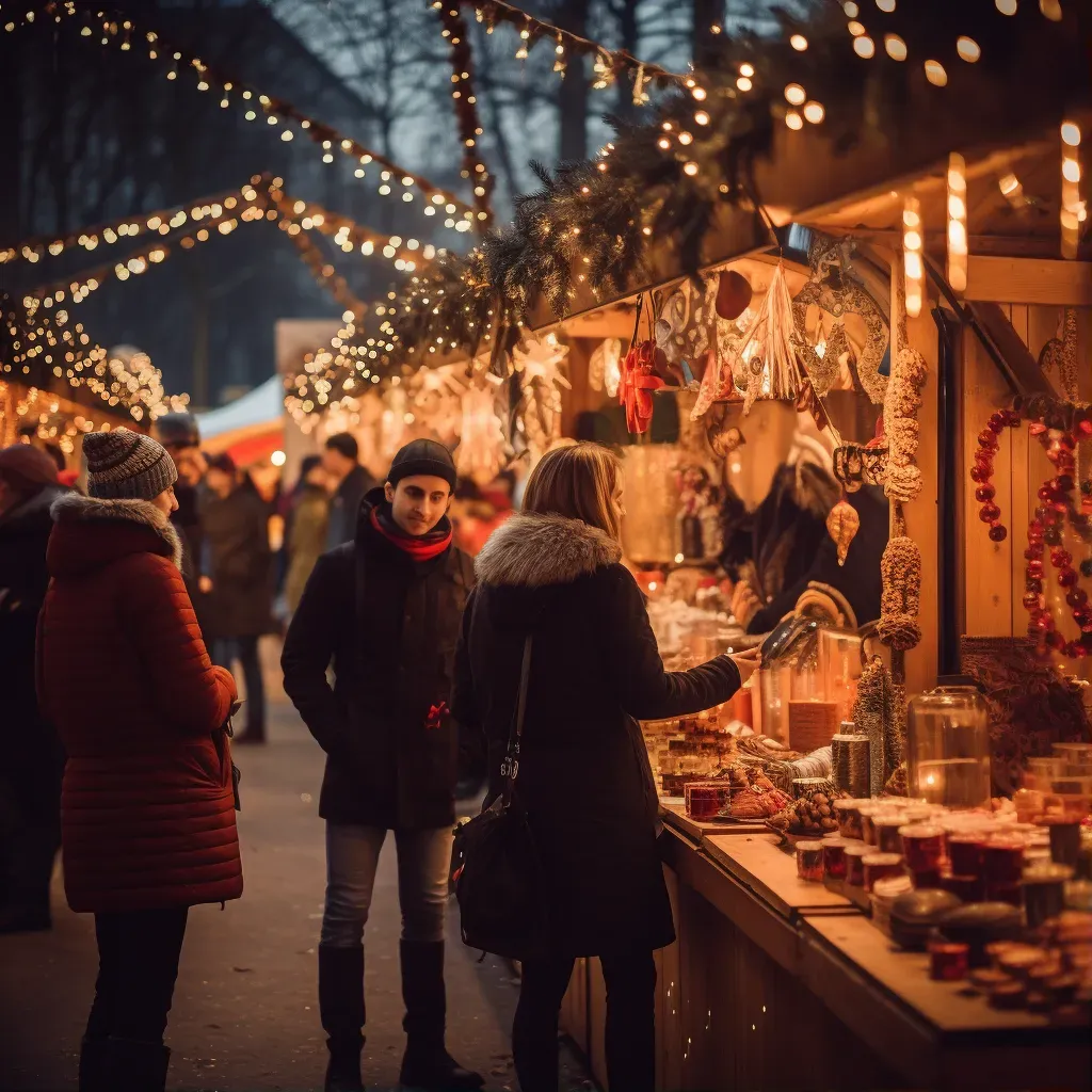 Winter market with locals shopping at holiday stalls adorned with lights - Image 1