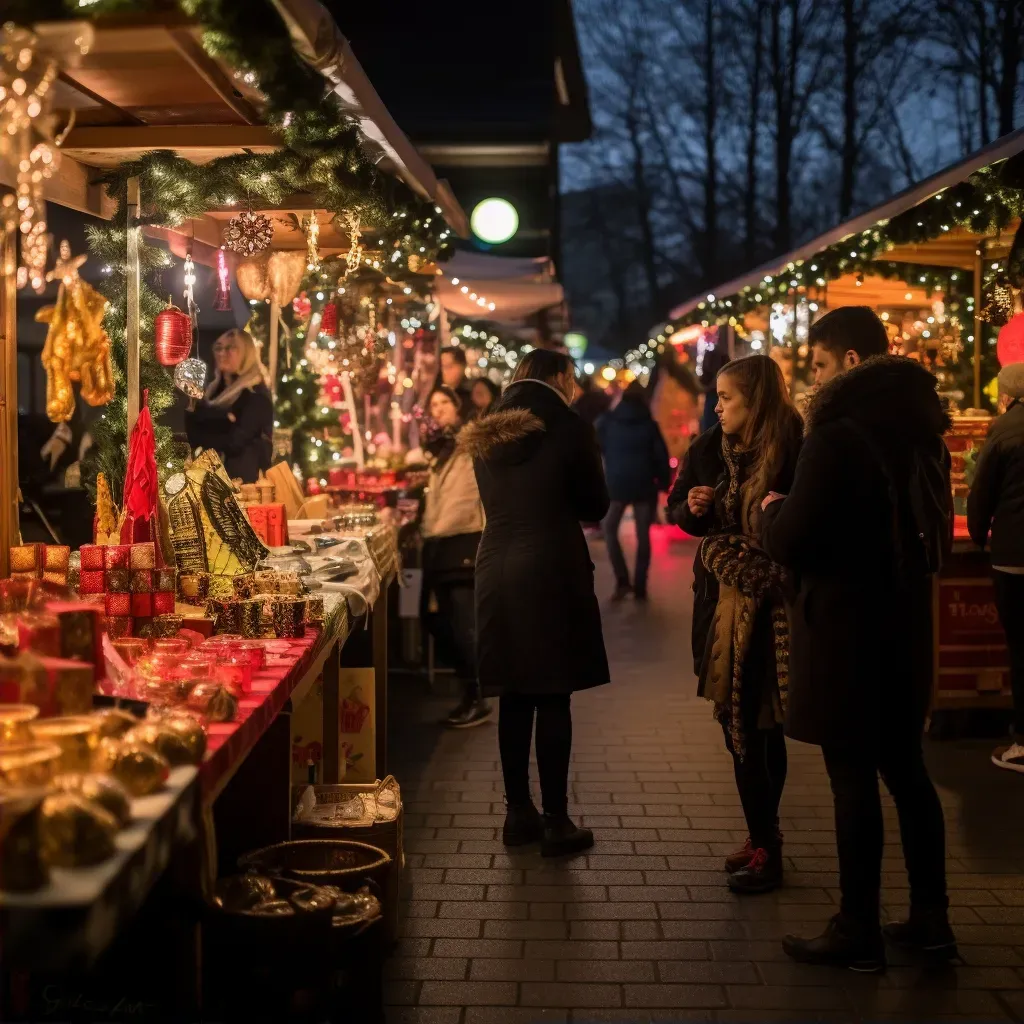 Winter market with locals shopping at holiday stalls adorned with lights - Image 2