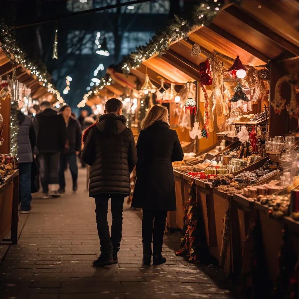 Winter market with locals shopping at holiday stalls adorned with lights - Image 3