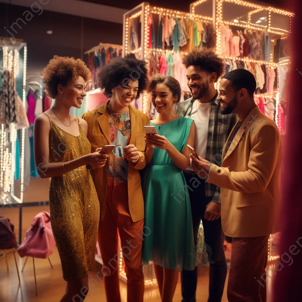 Friends trying on outfits while shopping in a trendy boutique. - Image 3