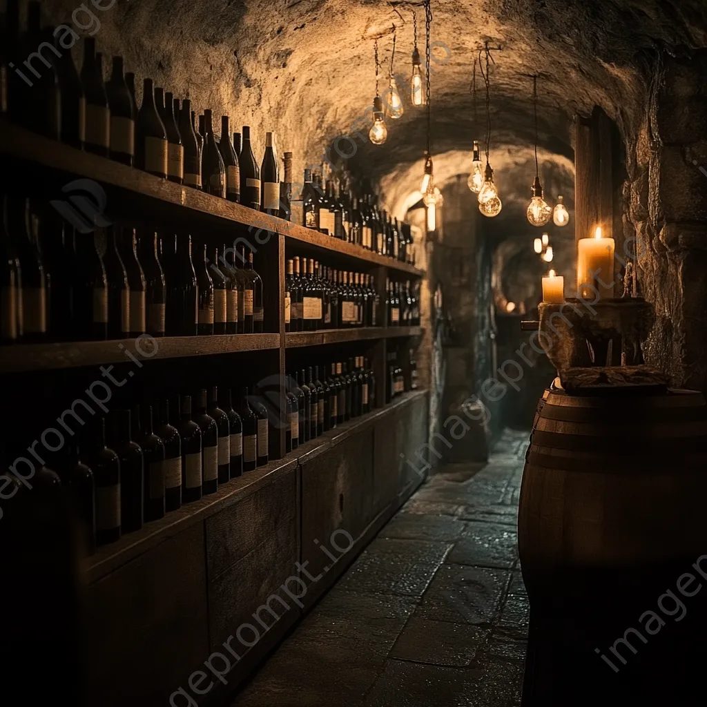 Interior of rustic wine cellar with wooden shelves and bottles - Image 1