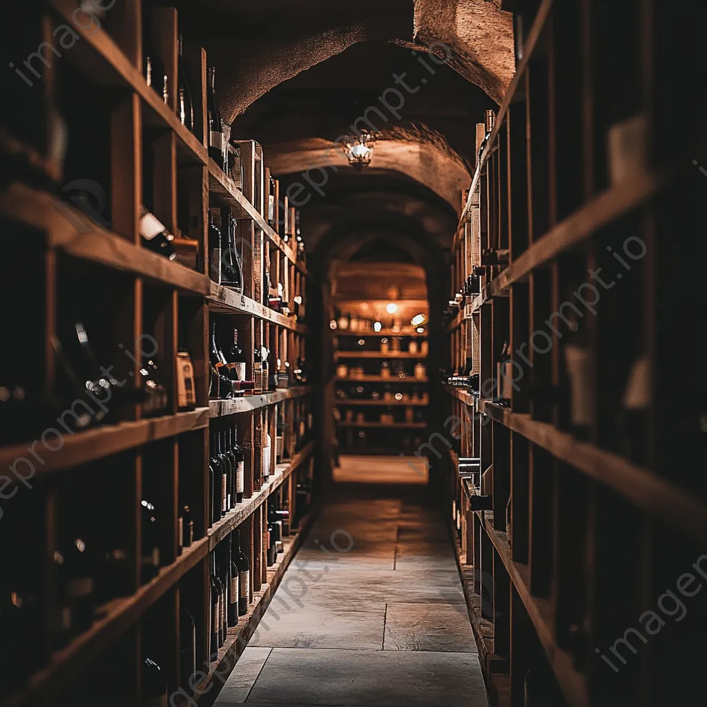 Interior of rustic wine cellar with wooden shelves and bottles - Image 3