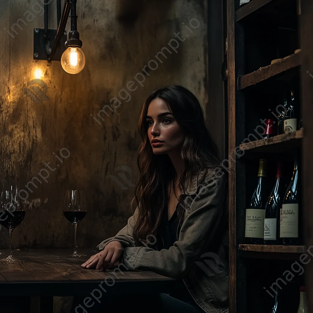 Interior of rustic wine cellar with wooden shelves and bottles - Image 4