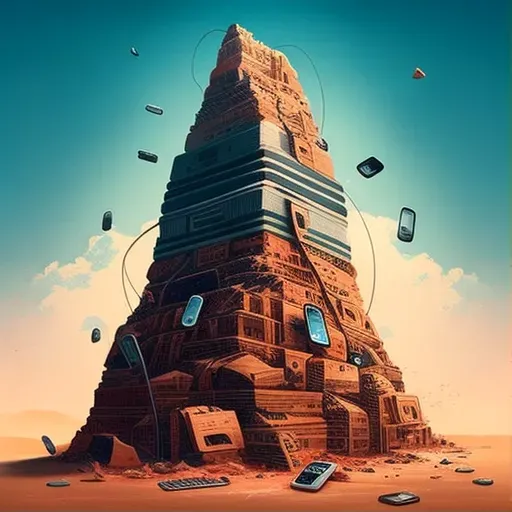 Illustration of a tower made of smartphone bricks symbolizing digital communication. - Image 1