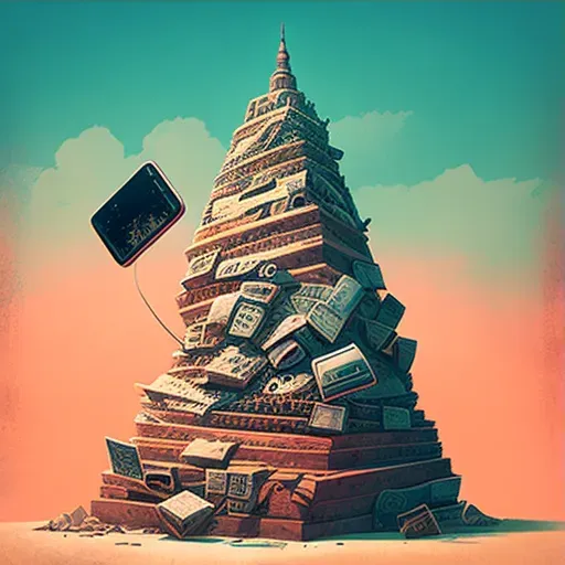 Illustration of a tower made of smartphone bricks symbolizing digital communication. - Image 3