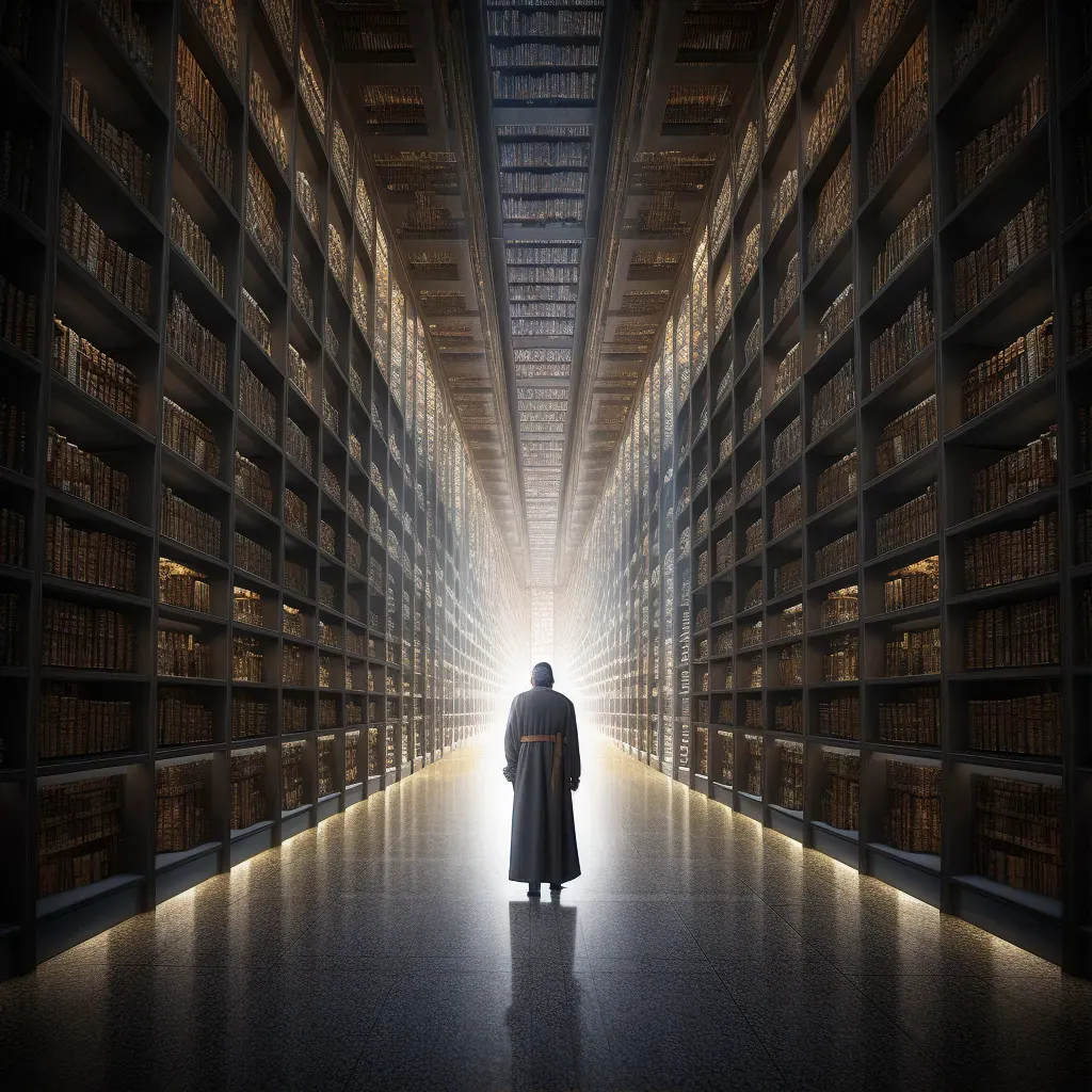 Man in a robe at the entrance of a vast library symbolizing intellectual exploration - Image 1