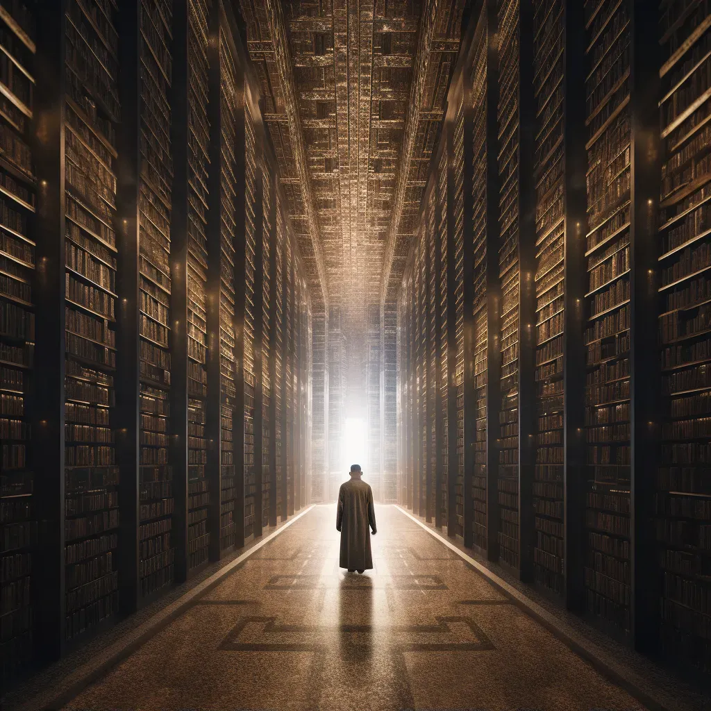 Man in a robe at the entrance of a vast library symbolizing intellectual exploration - Image 2