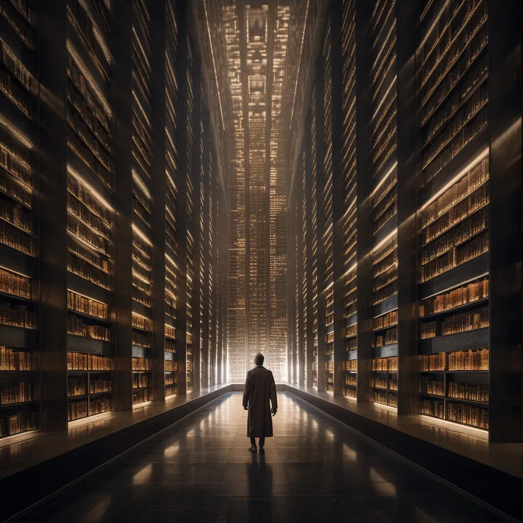 Man in a robe at the entrance of a vast library symbolizing intellectual exploration - Image 3