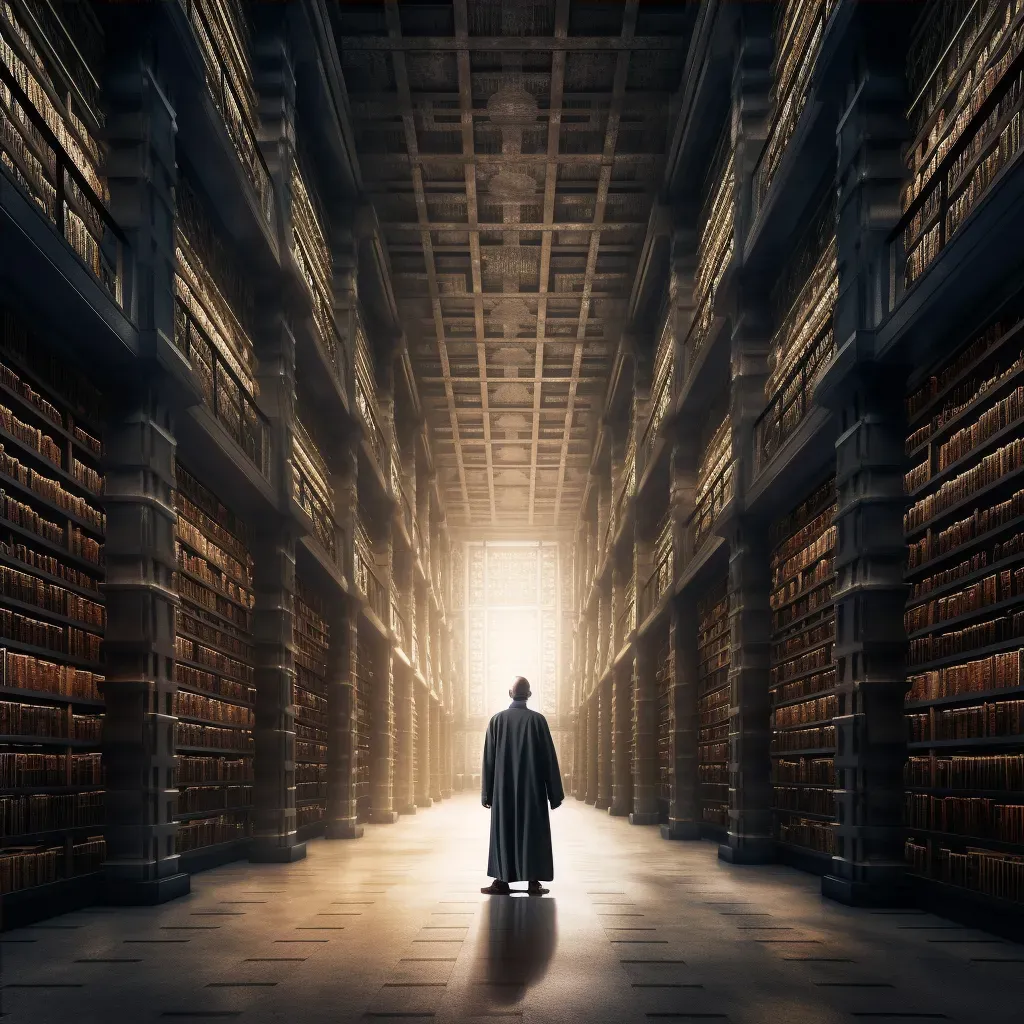 Man in a robe at the entrance of a vast library symbolizing intellectual exploration - Image 4