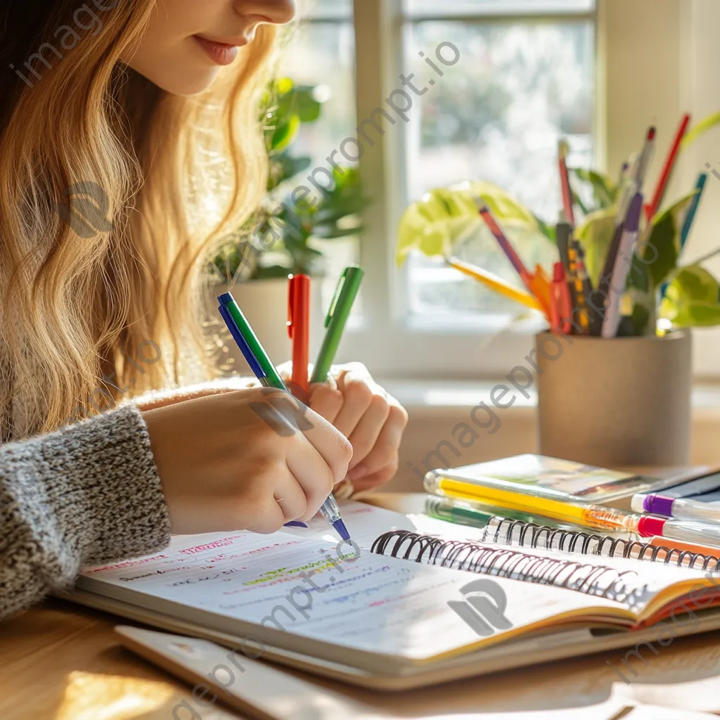 Young woman organizing her planner with colorful pens on a wooden desk in natural light. - Image 1