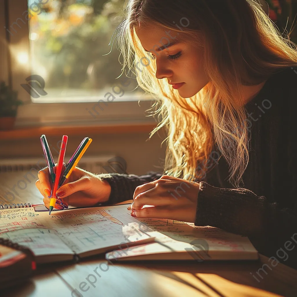 Young woman organizing her planner with colorful pens on a wooden desk in natural light. - Image 2