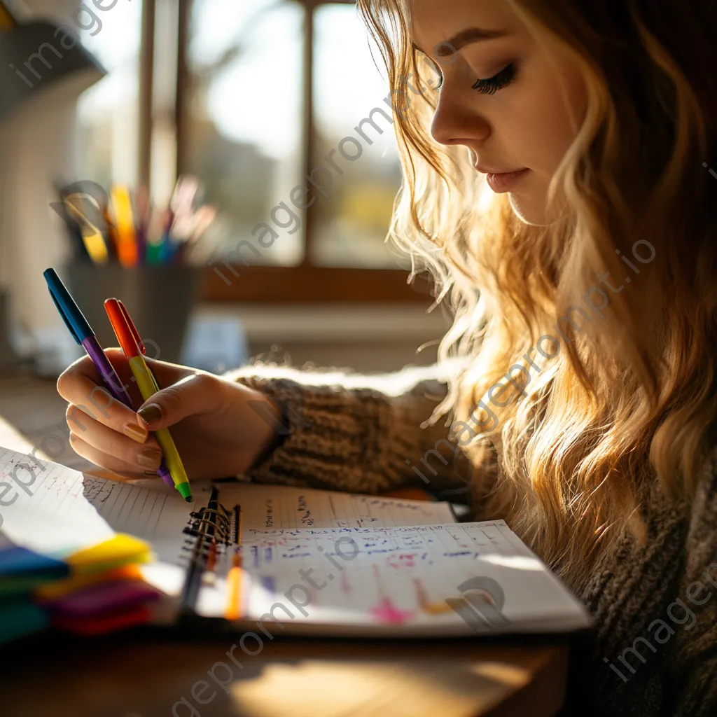 Young woman organizing her planner with colorful pens on a wooden desk in natural light. - Image 3