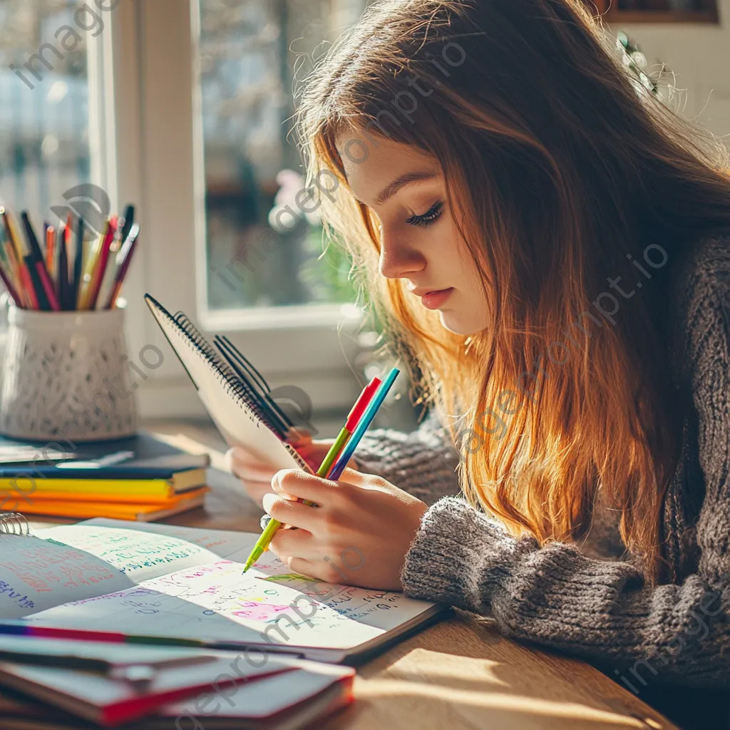 Young woman organizing her planner with colorful pens on a wooden desk in natural light. - Image 4