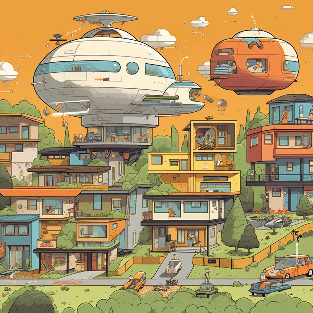 Futuristic 1950s Suburban Neighborhood with Hover Cars and Robotic Mail Delivery Systems