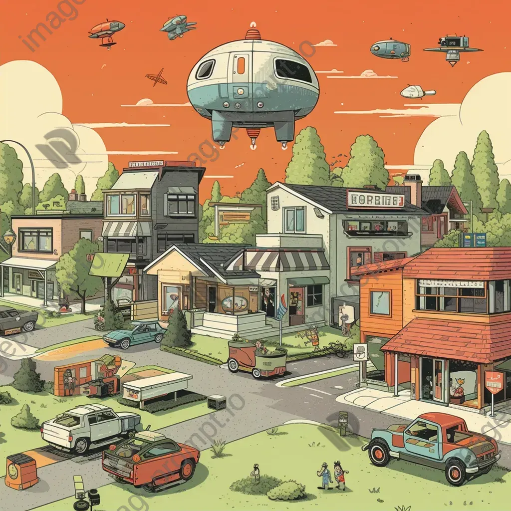 Image of a futuristic 1950s suburban neighborhood with hover cars and robotic mail delivery systems - Image 2